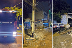 Camión no logró subir pendiente, retrocedió por una columna y la derribó contra una casa